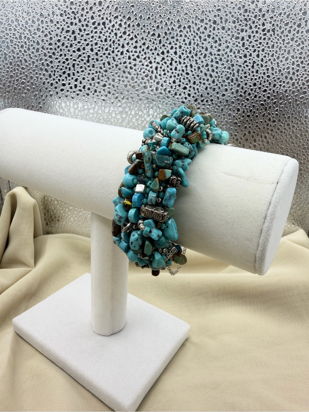 Chunky Turquoise Cluster Multi-Strand Statement Bracelet Magnetic Clasp 5.75"